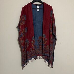 Colleen Lopez Red Blue Kimono floral textured women M/L poncho fall boho rodeo